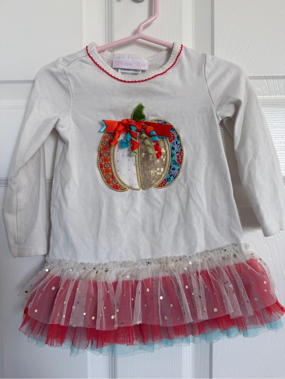 Bonnie Baby White Long-Sleeve Pumpkin Appliqué Tutu Shirt with Pink & Red Tulle